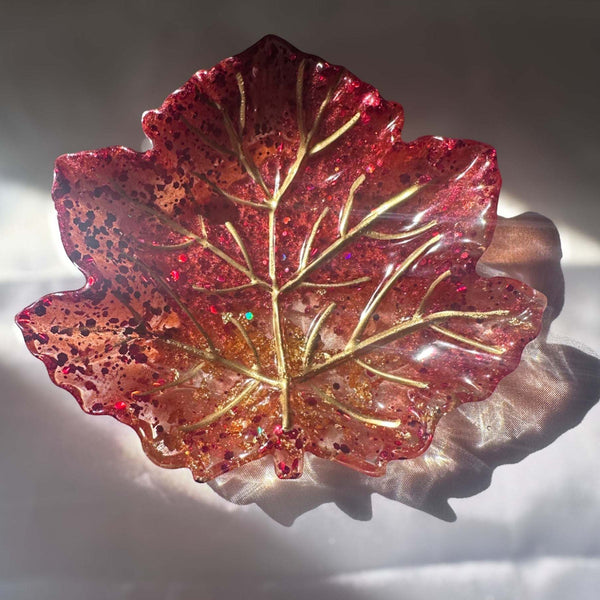 Handmade Maple Leaf Tray with Red and Gold Accents - Unique Tray