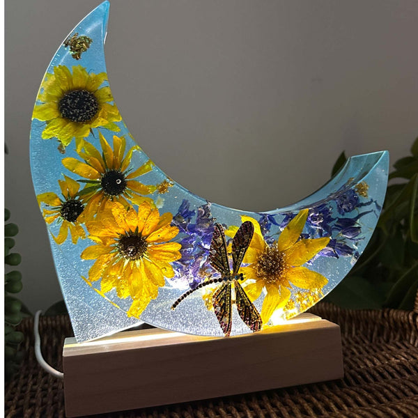 Moonlit Meadow - Handmade Dried Floral Resin Lighted Moon Art Décor