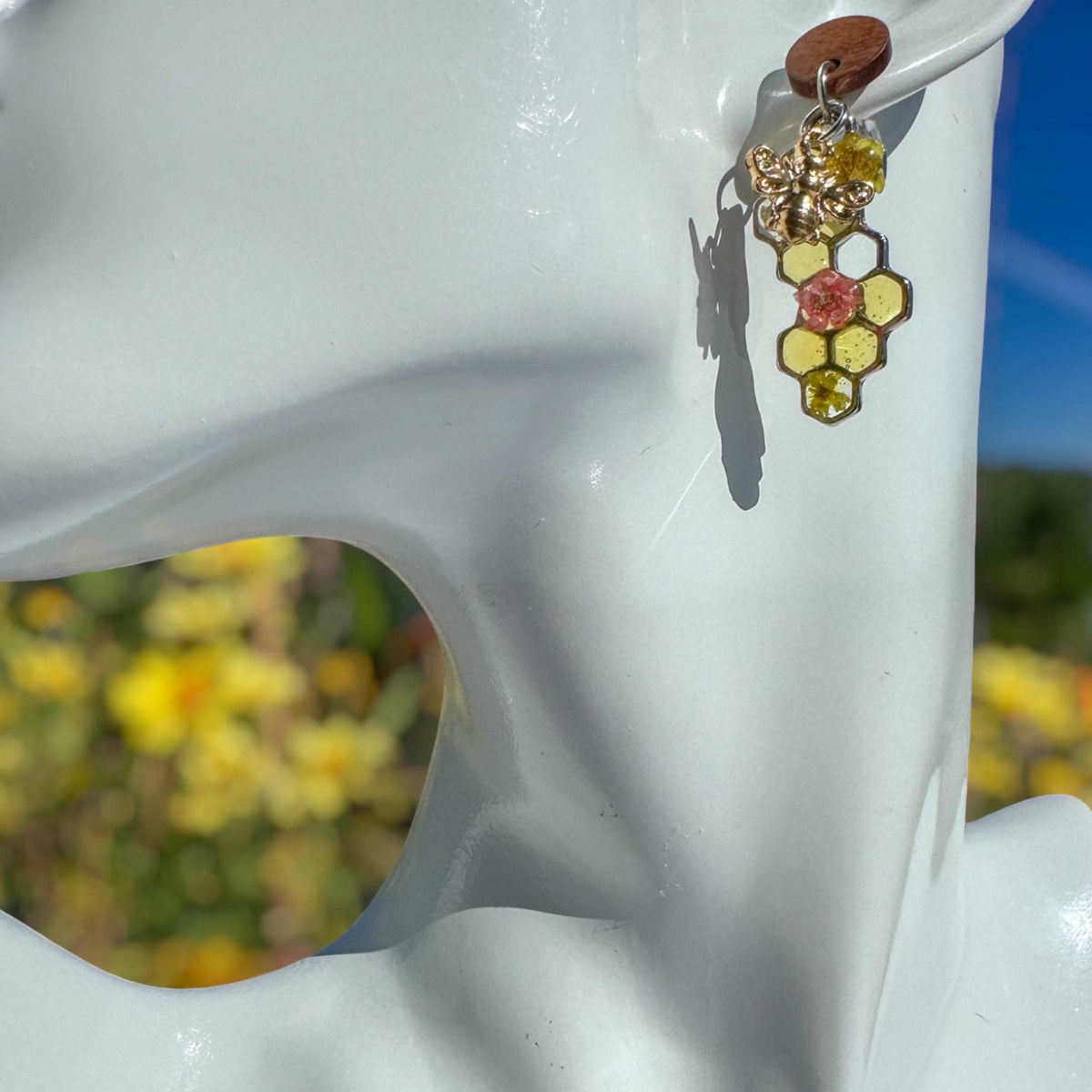 Bee -Themed Handcrafted Drop Earrings with Honeycombs & Flowers