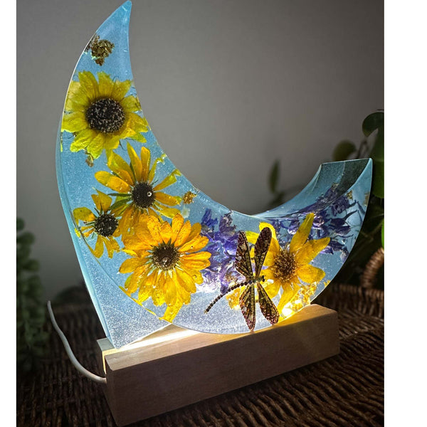Moonlit Meadow - Handmade Dried Floral Resin Lighted Moon Art Décor