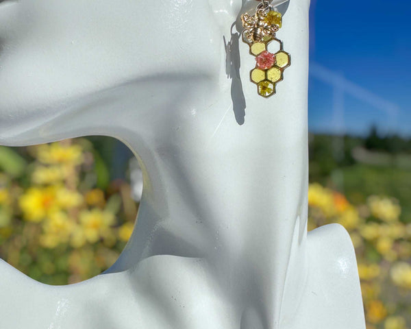 Bee -Themed Handcrafted Drop Earrings with Honeycombs & Flowers