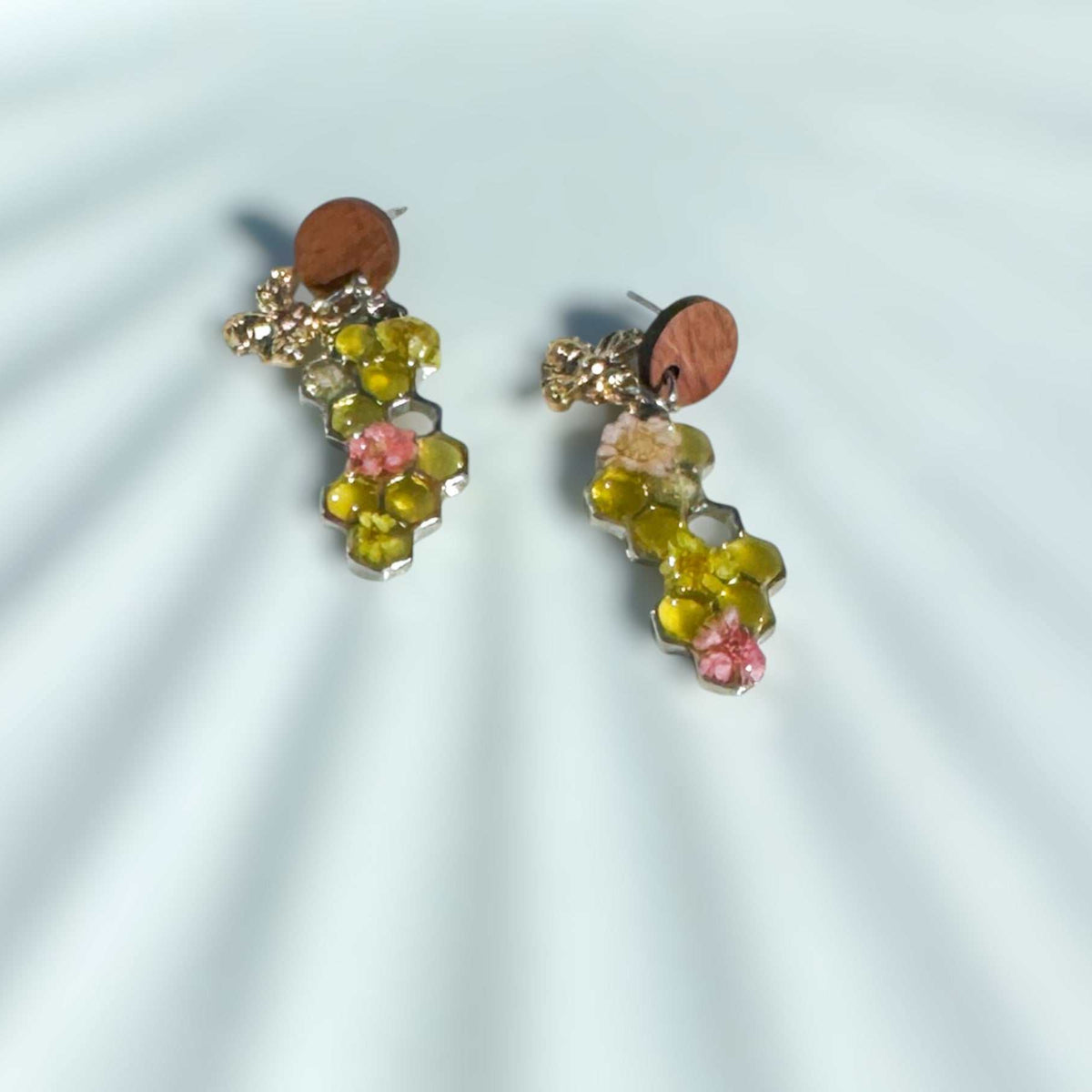 Bee -Themed Handcrafted Drop Earrings with Honeycombs & Flowers