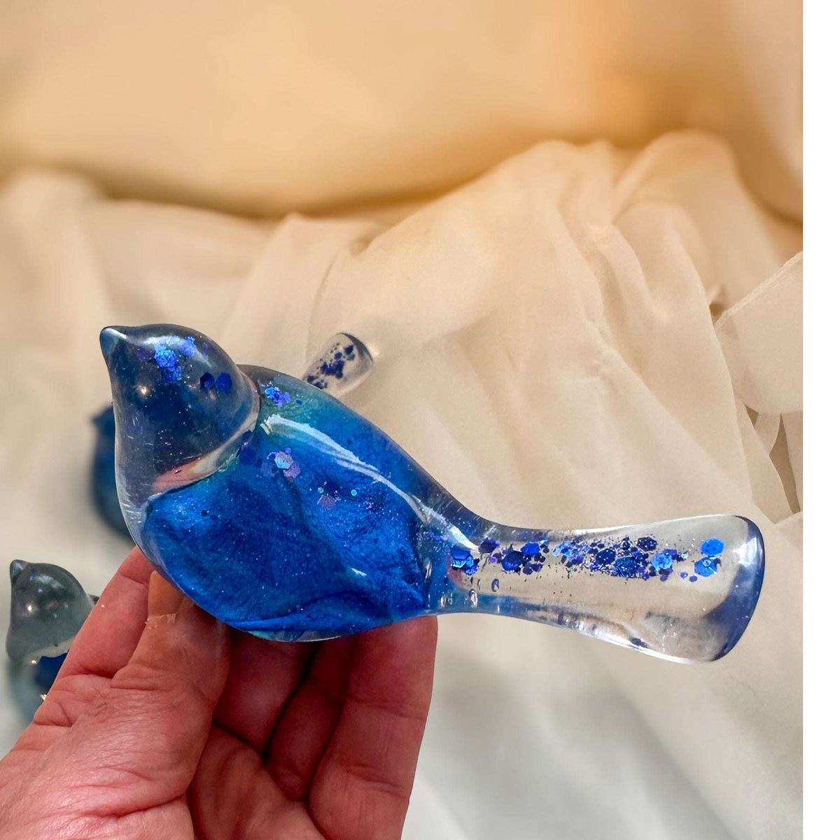Azure Songbirds of Serenity - Handmade Blue Rose Petal Resin Bird