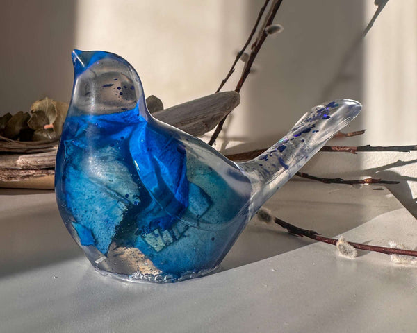 Azure Songbirds of Serenity - Handmade Blue Rose Petal Resin Bird