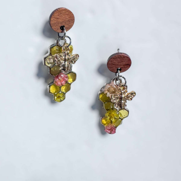 Bee -Themed Handcrafted Drop Earrings with Honeycombs & Flowers