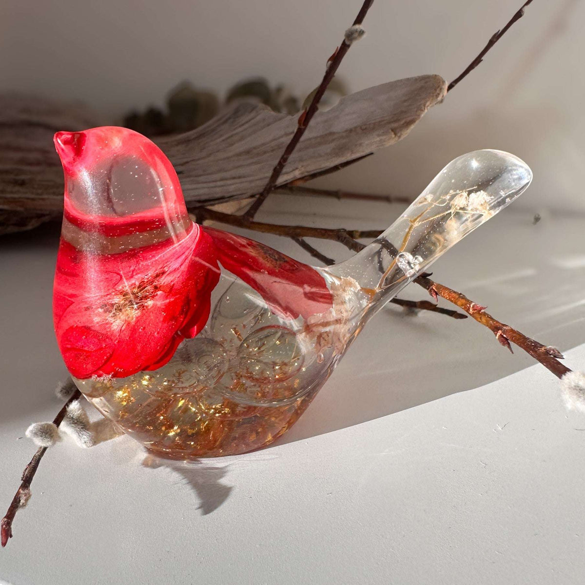 Red Rose Floral Bird - Romantic Handmade Resin Bird Decor Real Flowers