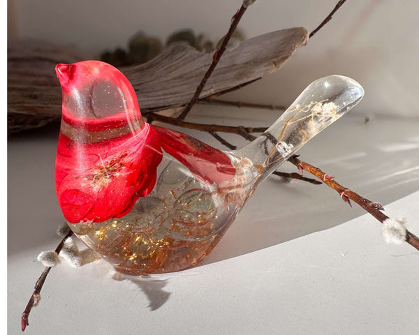 Red Rose Floral Bird - Romantic Handmade Resin Bird Decor Real Flowers
