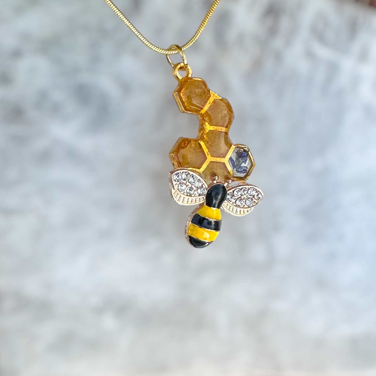 Bee -utiful Honeycomb Handmade Pendant with Real Flowers and Bee Charm