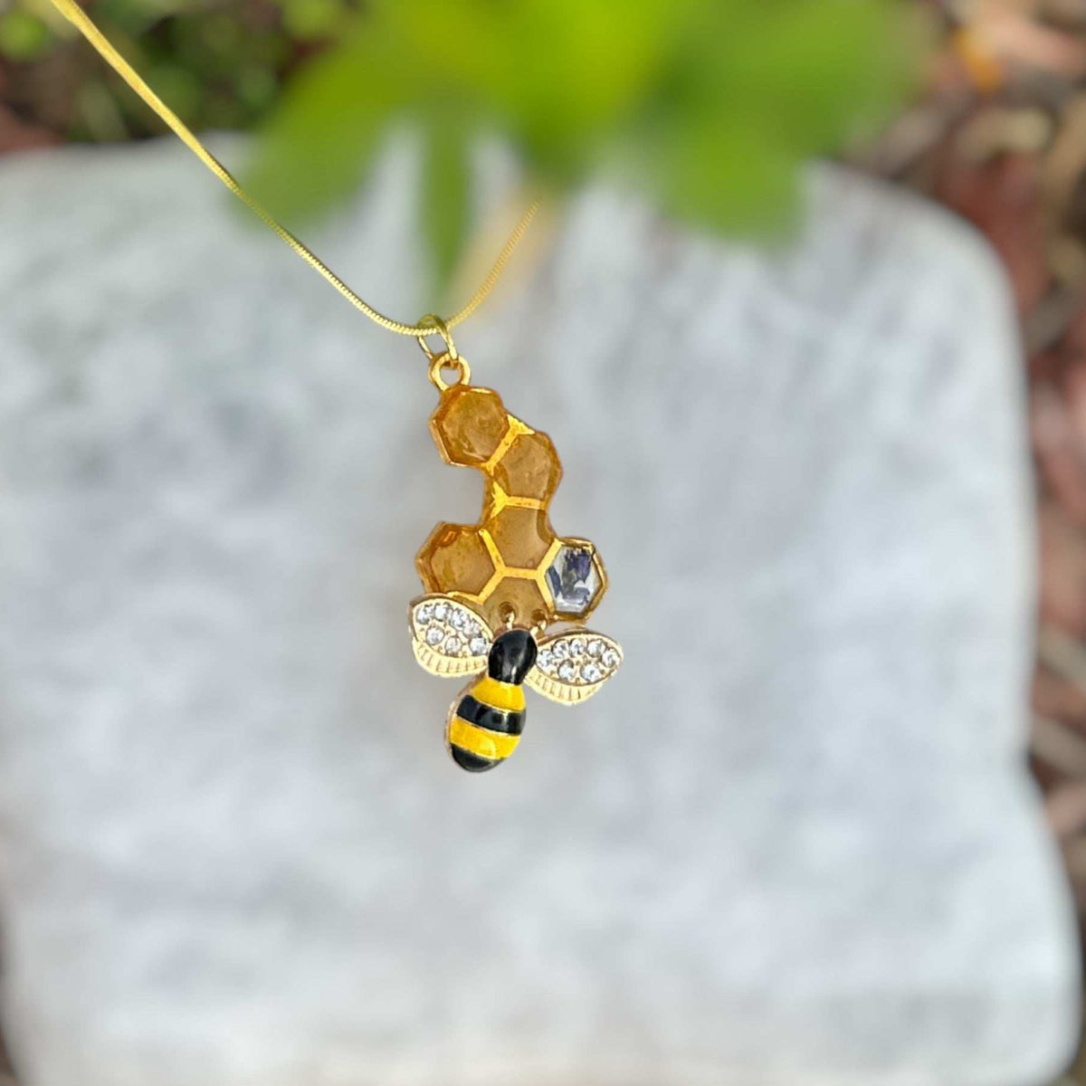 Bee -utiful Honeycomb Handmade Pendant with Real Flowers and Bee Charm