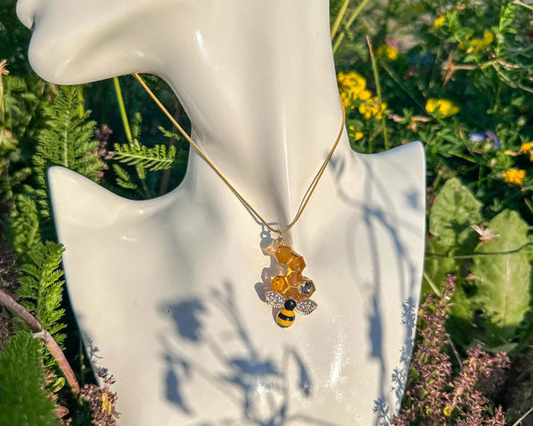 Bee -utiful Honeycomb Handmade Pendant with Real Flowers and Bee Charm