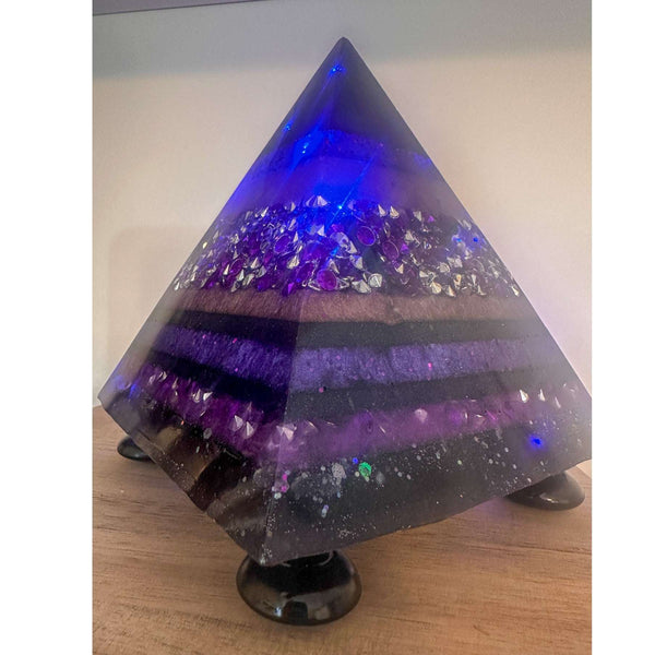 Amethyst Midnight Glow Pyramid - Handmade LED Resin Pyrmaid Decor