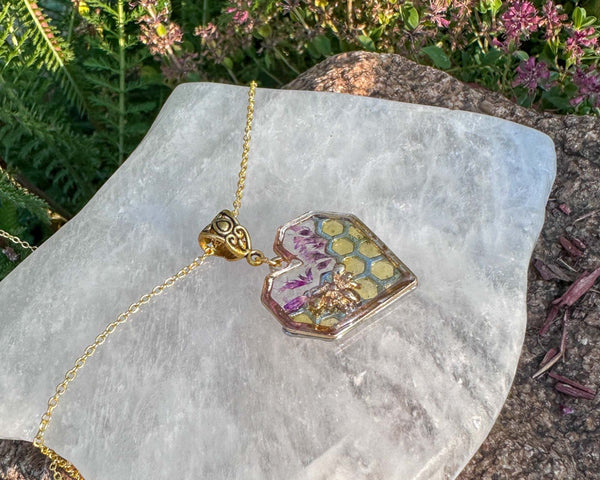 Bee Pendant - Blossom Buzz Harmony Heart - Handmade with Dried Flowers