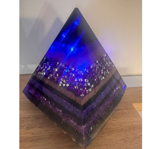 Amethyst Midnight Glow Pyramid - Handmade LED Resin Pyrmaid Decor