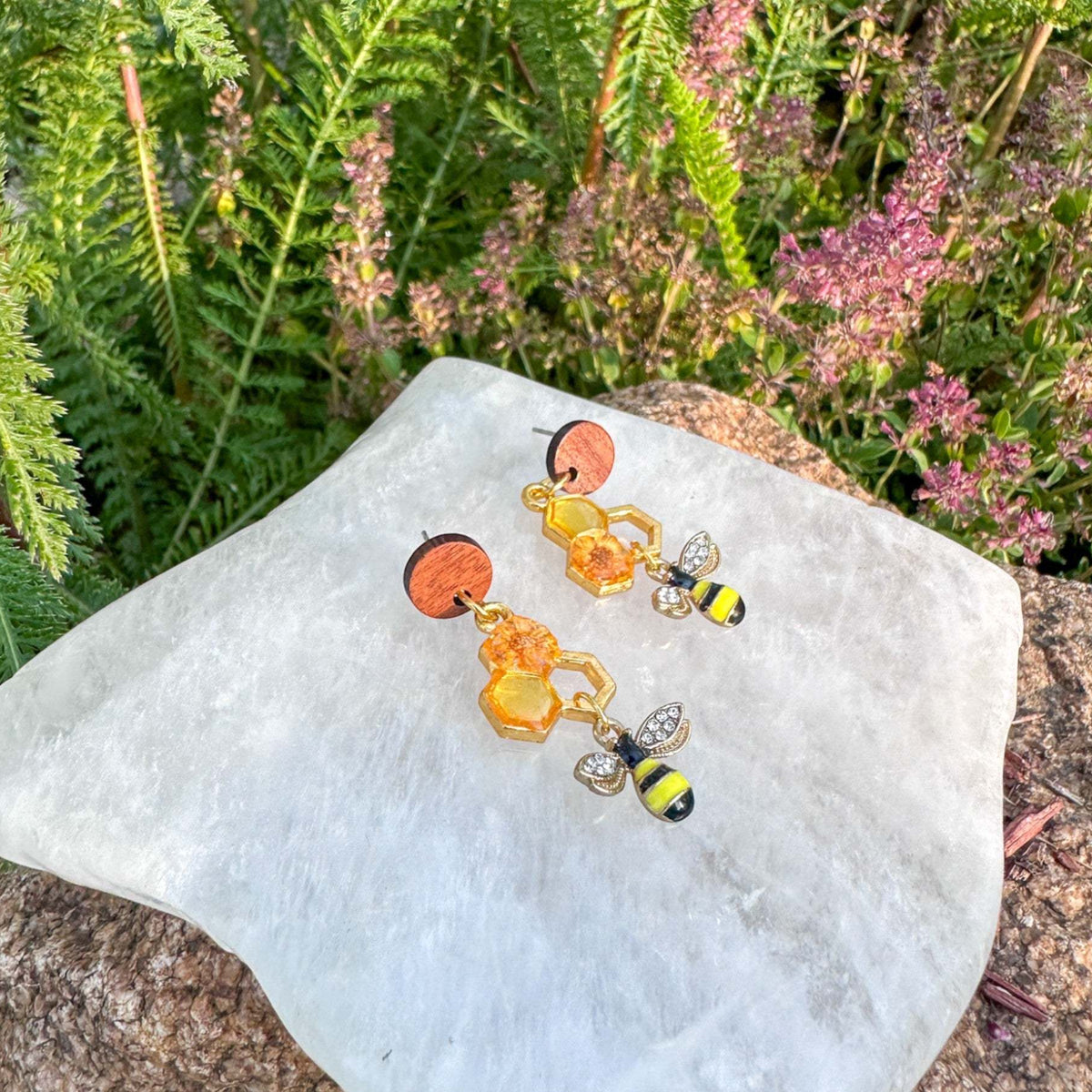 Handmade Honeycomb Drop Earrings with Real Flowers & Bee Charm