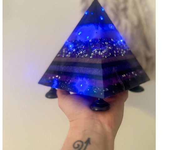 Amethyst Midnight Glow Pyramid - Handmade LED Resin Pyrmaid Decor