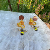 Handmade Honeycomb Drop Earrings with Real Flowers & Bee Charm