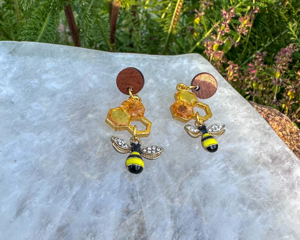 Handmade Honeycomb Drop Earrings with Real Flowers & Bee Charm