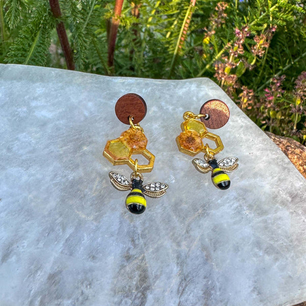 Handmade Honeycomb Drop Earrings with Real Flowers & Bee Charm