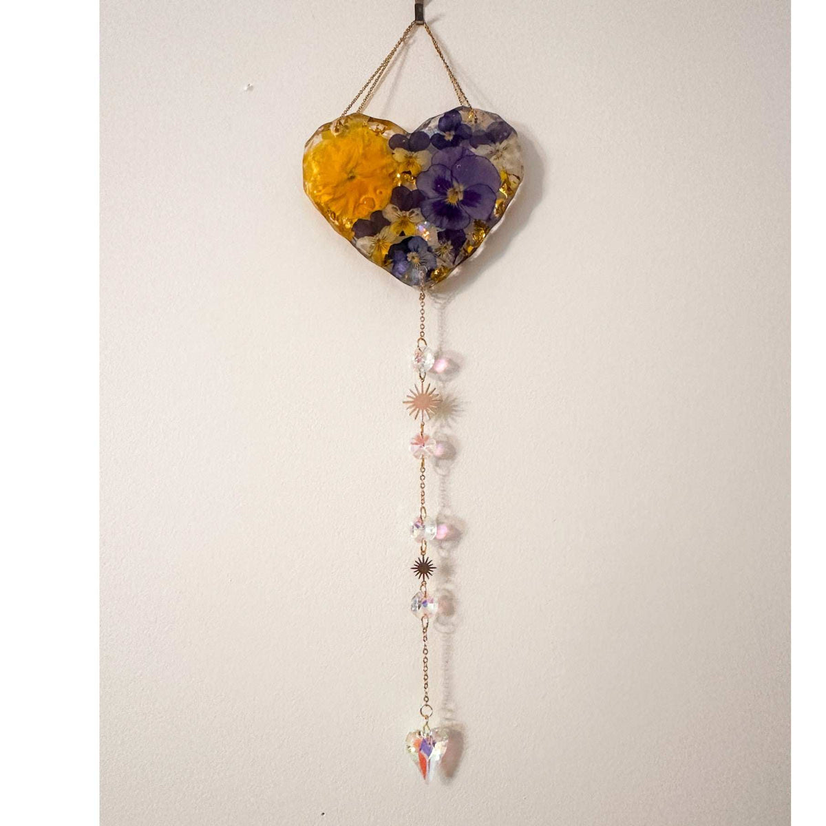 Botanical Heart Suncatcher | Handmade Pressed Purple Pansy & Gold Leaf