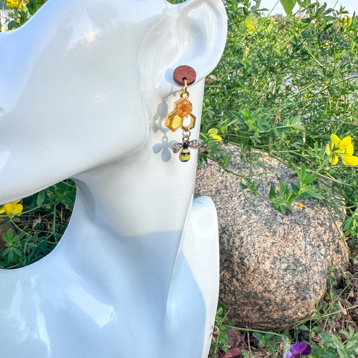 Handmade Honeycomb Drop Earrings with Real Flowers & Bee Charm