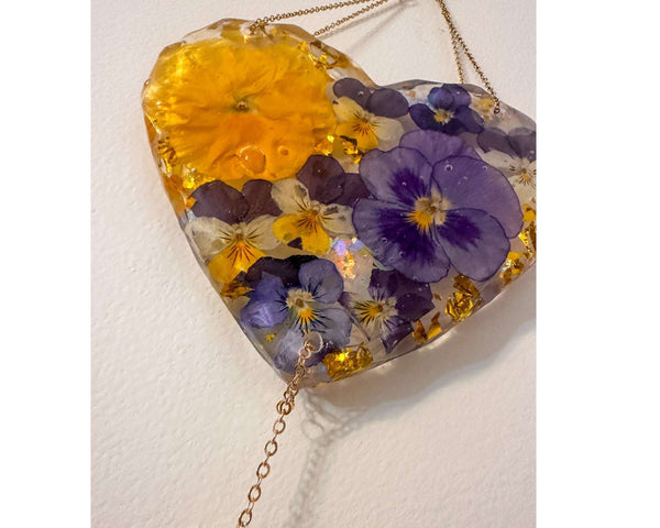 Botanical Heart Suncatcher | Handmade Pressed Purple Pansy & Gold Leaf