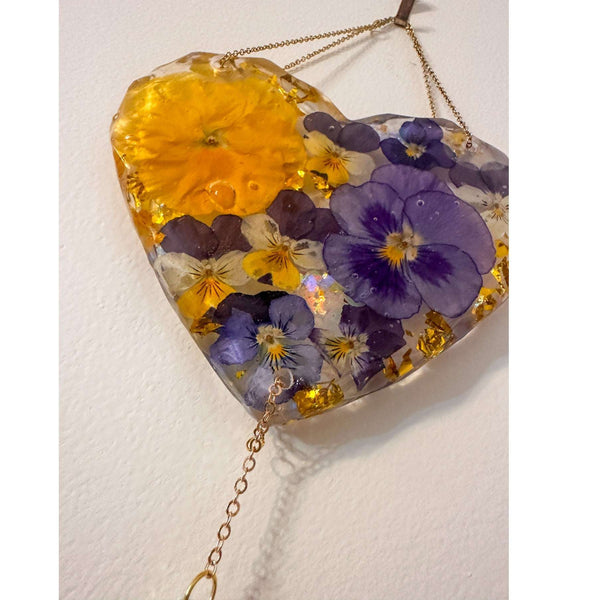 Botanical Heart Suncatcher | Handmade Pressed Purple Pansy & Gold Leaf