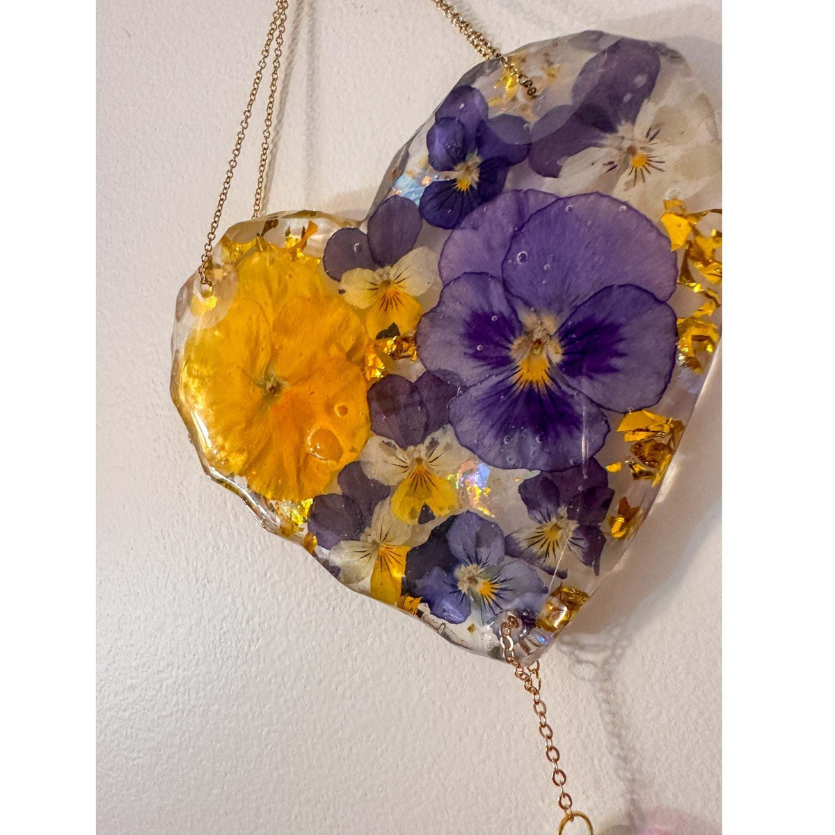Botanical Heart Suncatcher | Handmade Pressed Purple Pansy & Gold Leaf