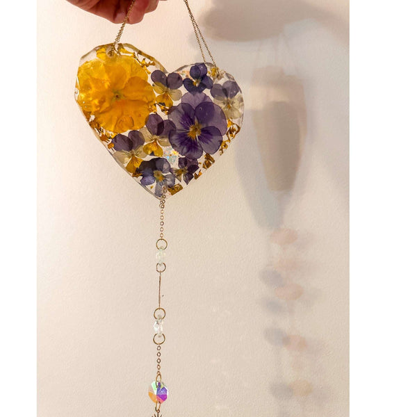 Botanical Heart Suncatcher | Handmade Pressed Purple Pansy & Gold Leaf