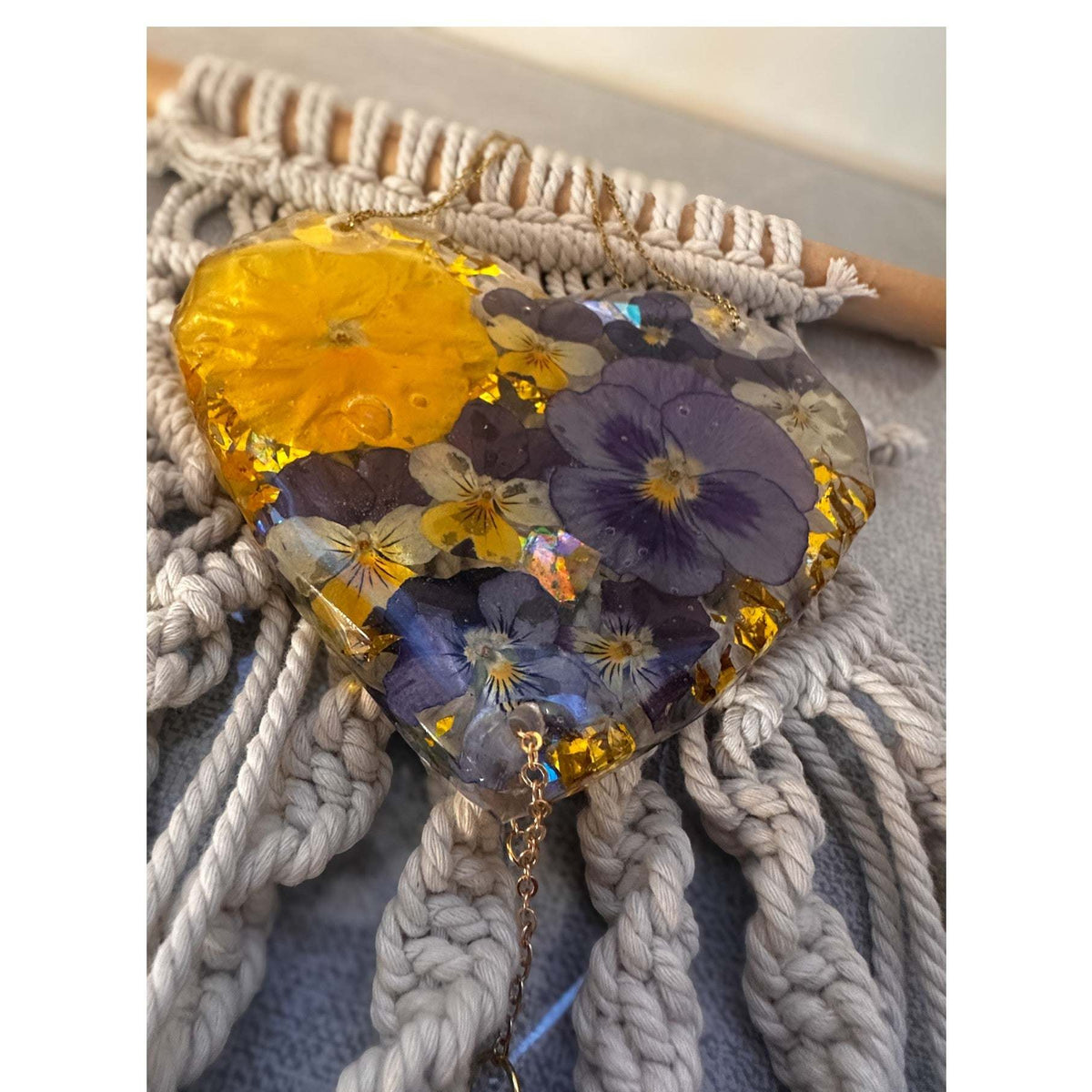 Botanical Heart Suncatcher | Handmade Pressed Purple Pansy & Gold Leaf