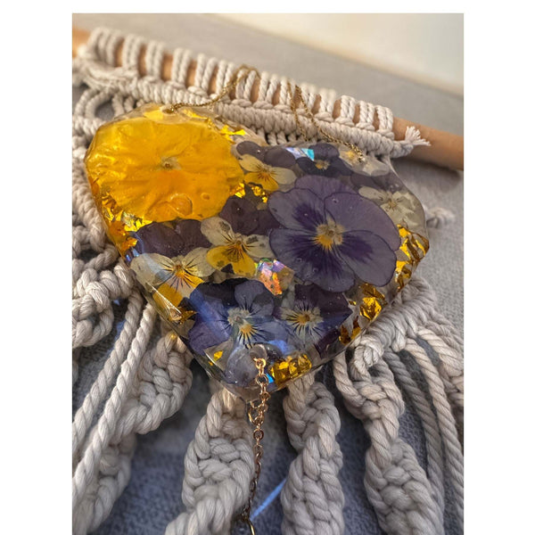 Botanical Heart Suncatcher | Handmade Pressed Purple Pansy & Gold Leaf
