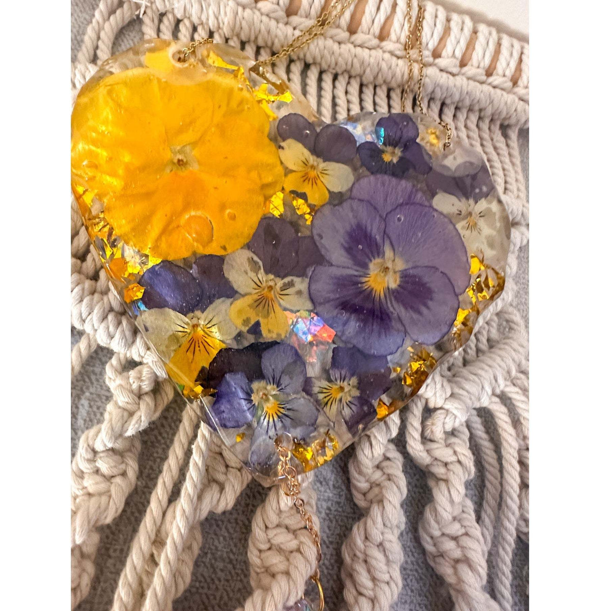 Botanical Heart Suncatcher | Handmade Pressed Purple Pansy & Gold Leaf