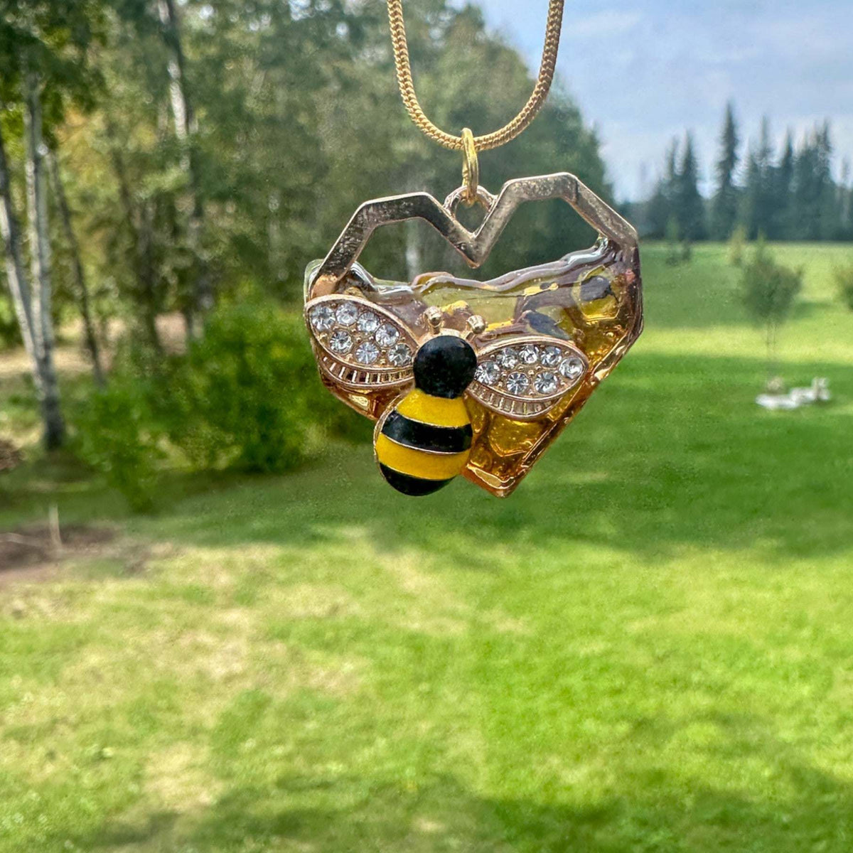 Handmade Golden Heart Honeycomb Pendant with Adorable Bee Charm