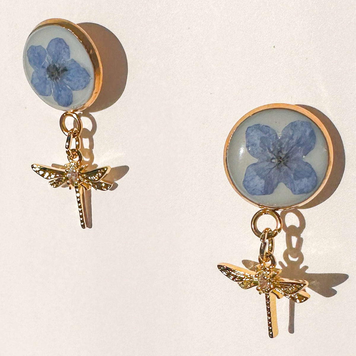 Forget-Me-Not Boreal Blue Handmade Dragonfly Gold Stud Earrings