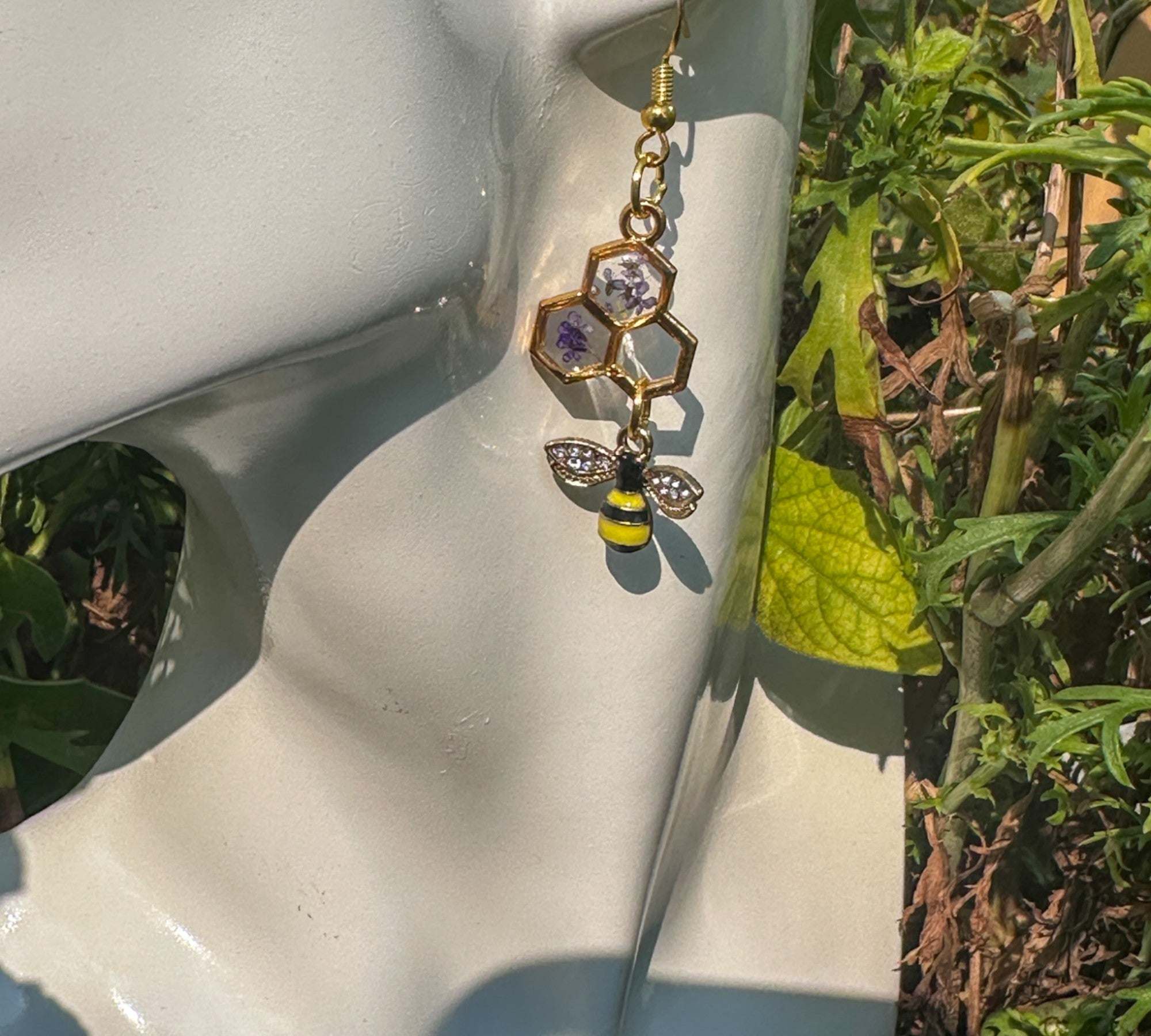 Bee utiful Handmade Honeycomb Earrings with Rhinestone Bee Charm Dragonfly Treasures Resin Art Gift Shop