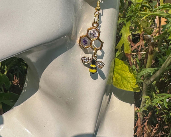Bee -utiful Handmade Honeycomb Earrings with Rhinestone Bee Charm
