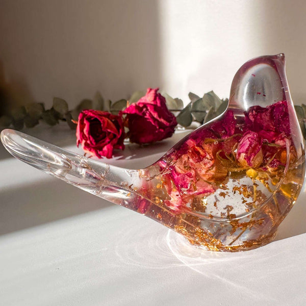 Eternal Rose Bird - Handmade Resin Bird with Real Flowers & Gold Leaf