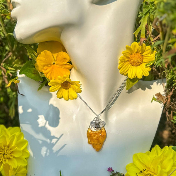 Dripping Honey Teardrop Pendant with Silver Bee Charm –Nature-Inspired