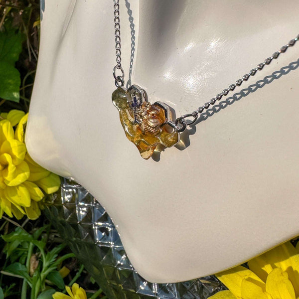 Dripping Honey Honeycomb Handmade Pendant with Gold Bee Charm