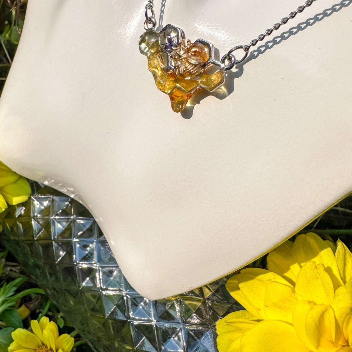 Dripping Honey Honeycomb Handmade Pendant with Gold Bee Charm