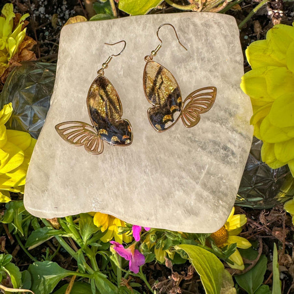 Golden Monarch Butterfly Handmade Resin Earrings with Gold Glitter