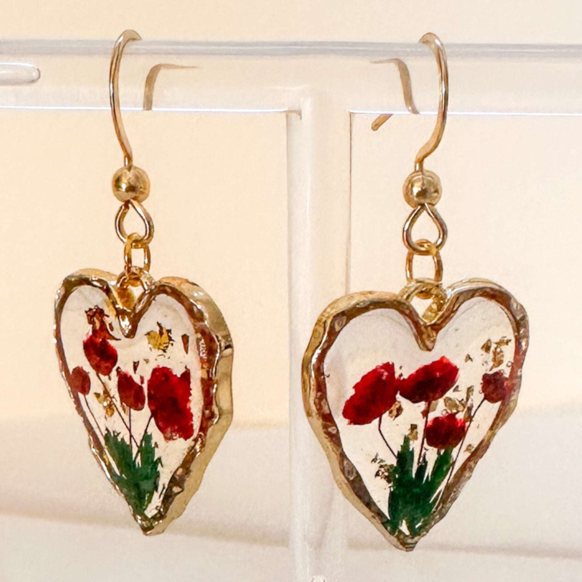 Rose Bouquet Handmade Gold Heart Earrings | Real Flowers & Gold Leaf