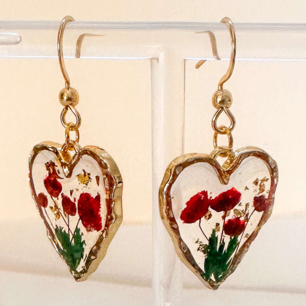 Rose Bouquet Handmade Gold Heart Earrings | Real Flowers & Gold Leaf