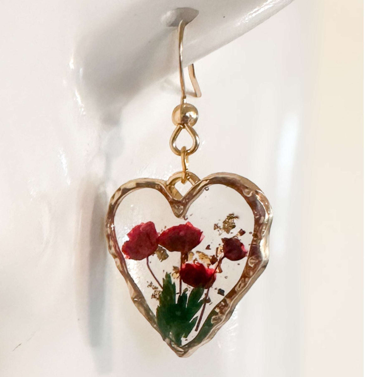 Rose Bouquet Handmade Gold Heart Earrings | Real Flowers & Gold Leaf