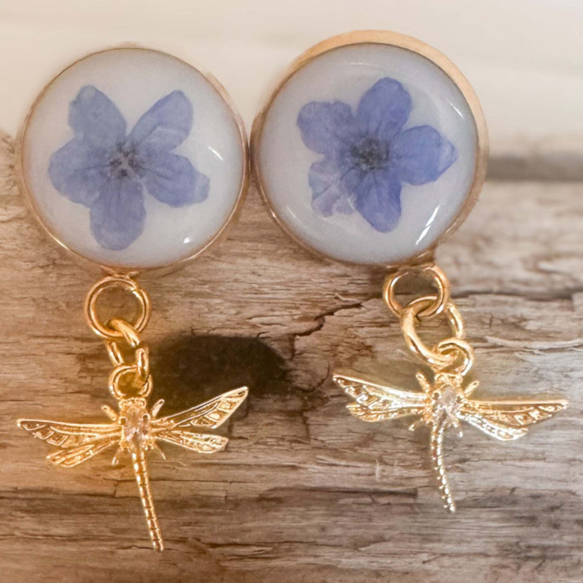 Forget-Me-Not Boreal Blue Handmade Dragonfly Gold Stud Earrings