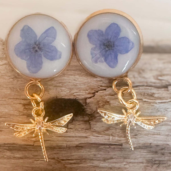 Forget-Me-Not Boreal Blue Handmade Dragonfly Gold Stud Earrings