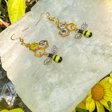 Bee -utiful Handmade Honeycomb Earrings with Rhinestone Bee Charm