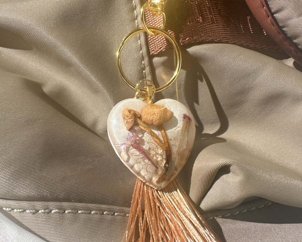 Bag Charm Whimsical Forest Heart Mushroom Keychain - Handmade Whimsy