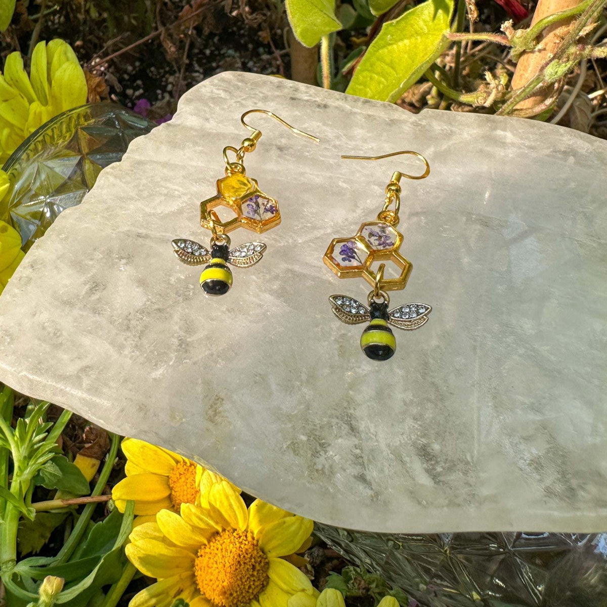 Bee -utiful Handmade Honeycomb Earrings with Rhinestone Bee Charm