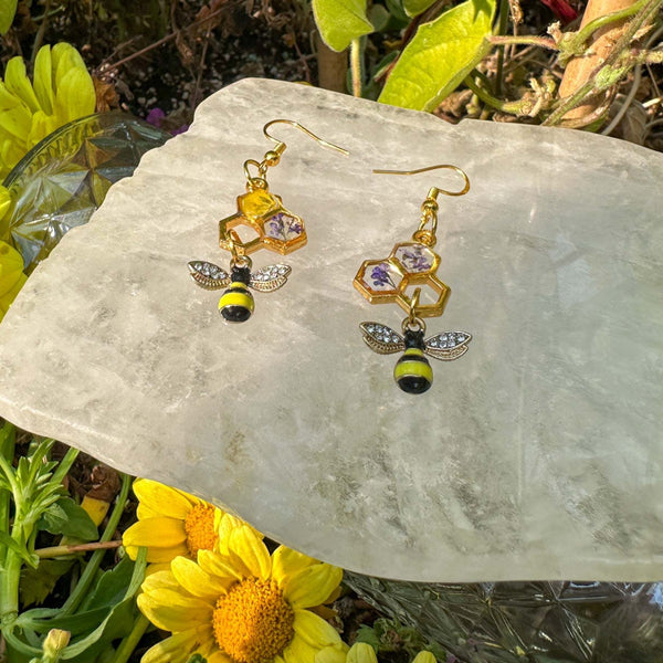 Bee -utiful Handmade Honeycomb Earrings with Rhinestone Bee Charm