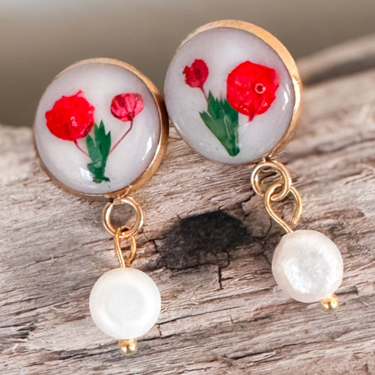 Petite Rose Pearl Drop Studs | Handmade with Real Flowers set in Resin